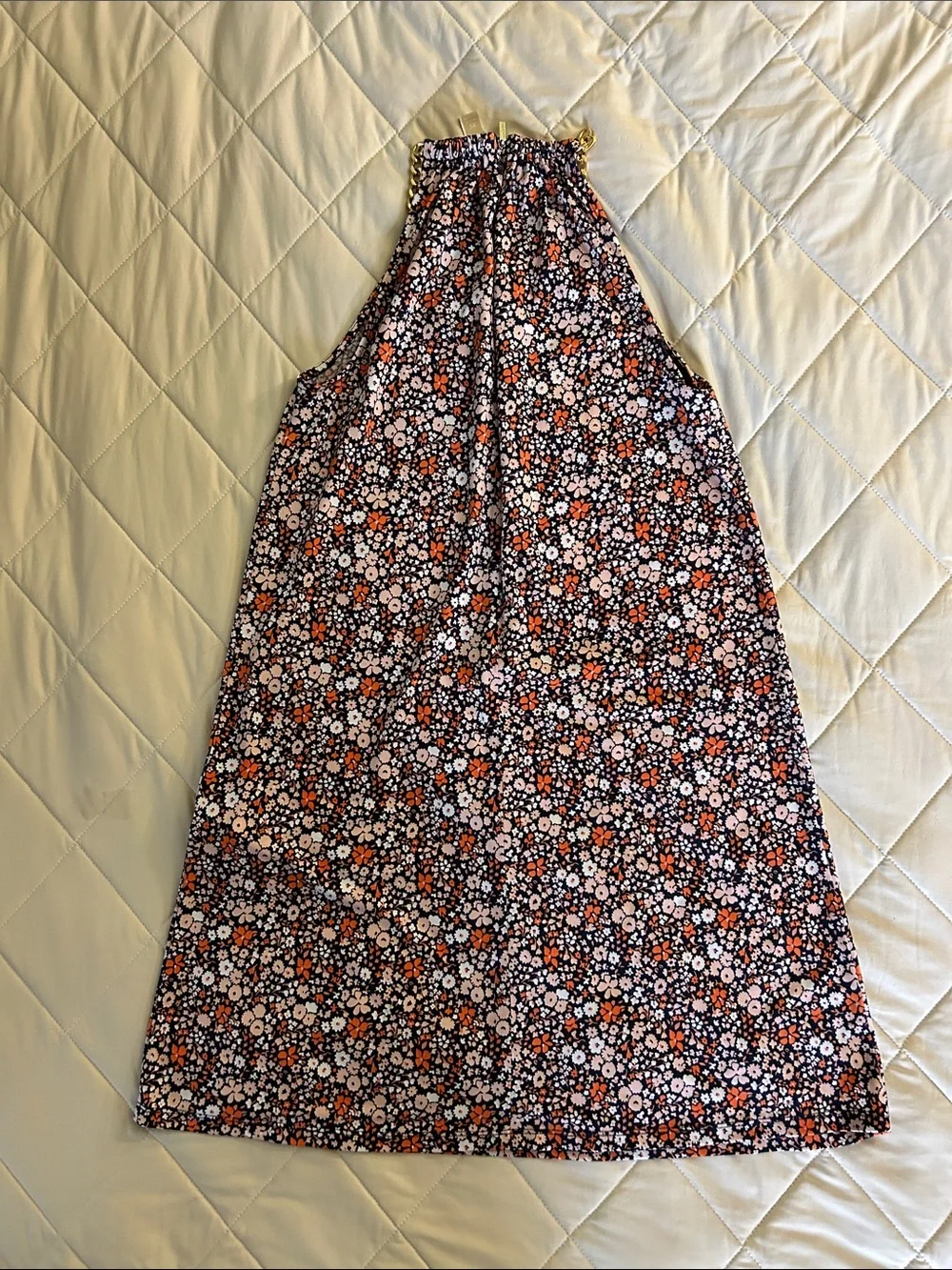 Michael Kors Navy Halter A-Line Dress with Orange and White Floral Print